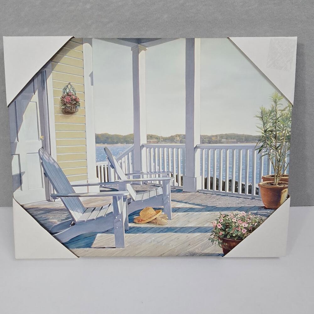 Coastal Lakeview Chairs on Porch Vinyl Canvas Wall Art Unframed 14"x11"x1" NWOT